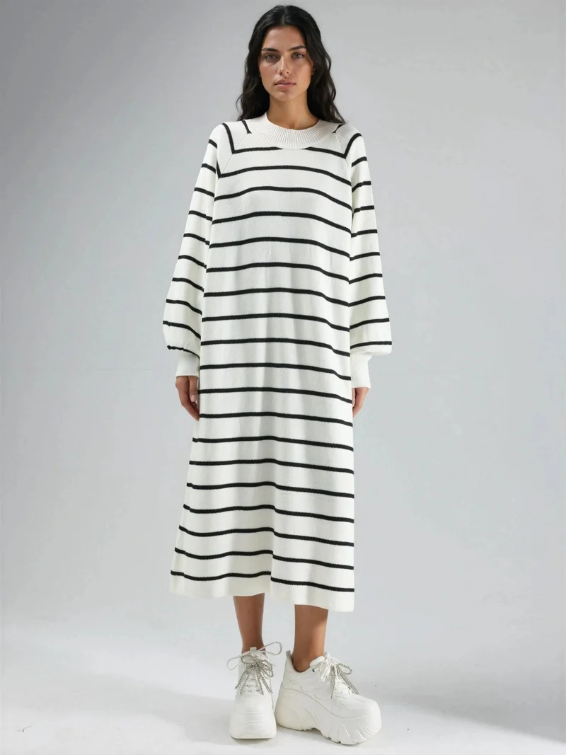 MY FASHION Dusty White MY FASHION Long Sleeve Striped Ribbed Knit Dress for Women | Best Price UAE